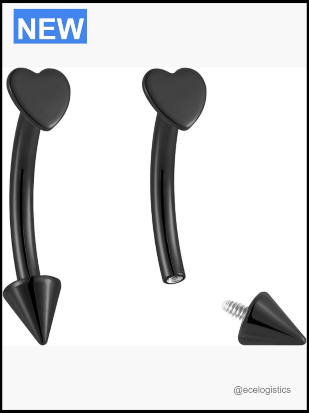 2PC Implant Grade Titanium Curved Heart & Spike Barbell Set 16G 8-14mm